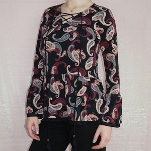 Paisley Long Sleeve Blouse with Criss Cross Tie